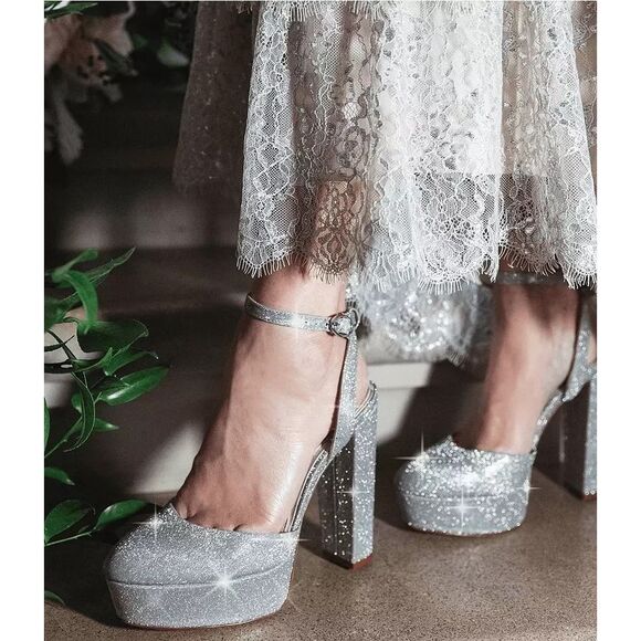 Antonio Melani Born on Fifth Liv Metallic Glitter Platform Heels Size 10 Silver - Picture 12 of 12